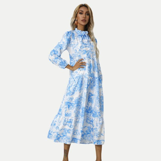 Toile-Druck Midi-Kleid mit hohem Kragen