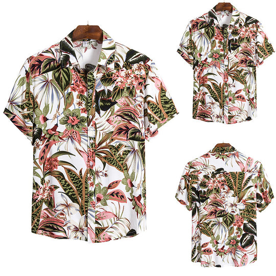 Herren Kurzarmhemd mit exotischem Pflanzenmuster und feiner Baumwollqualität Heidi-Mode