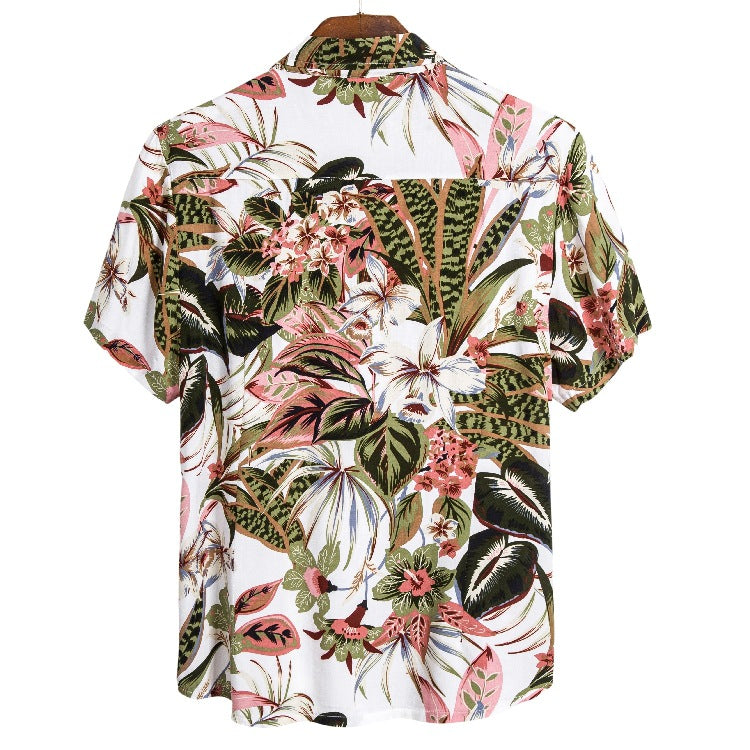 Herren Kurzarmhemd mit exotischem Pflanzenmuster und feiner Baumwollqualität Heidi-Mode