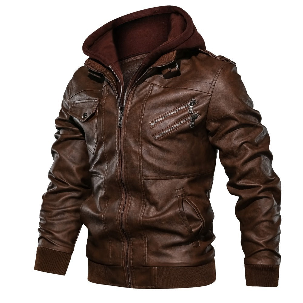Herren lässige Lederjacke mit abnehmbarer Kapuze und funktionalen Taschen Heidi-Mode