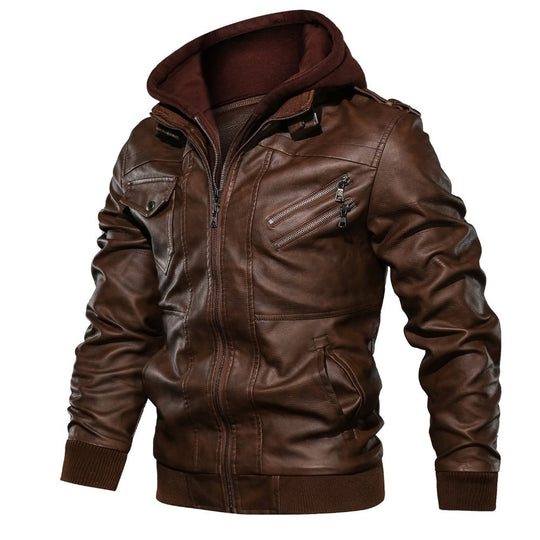 Herren lässige Lederjacke mit abnehmbarer Kapuze und funktionalen Taschen Heidi-Mode