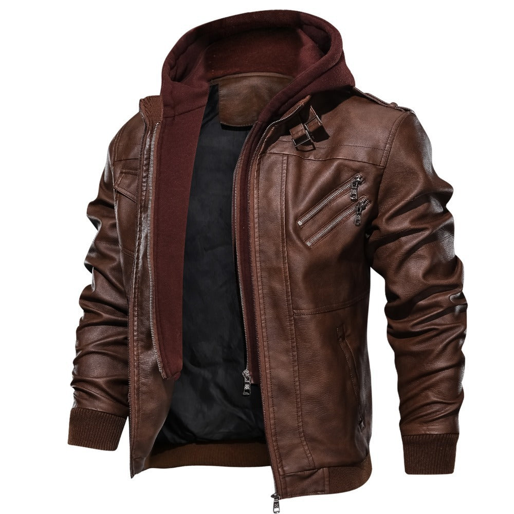 Herren lässige Lederjacke mit abnehmbarer Kapuze und funktionalen Taschen Heidi-Mode