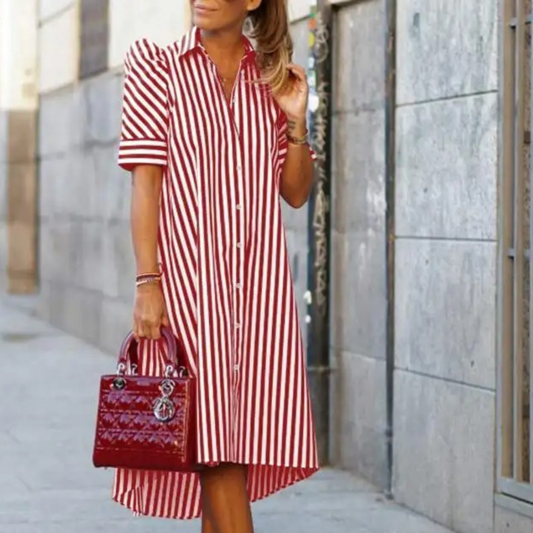 Heidi-Mode | Rosa Gestreifte Revers Bequeme Blusenkleid