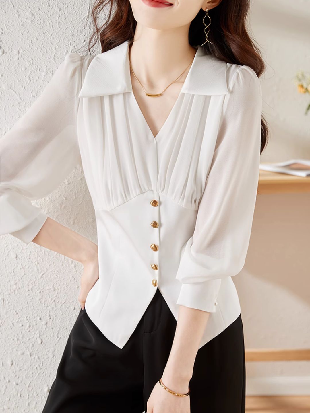 Heidi-Mode | Chiffon Falten Taille Shirt Schwarz
