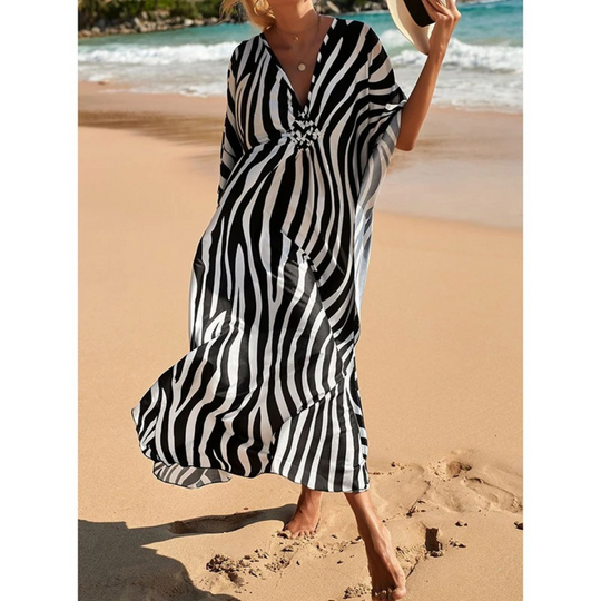 Blauw bedrukte strandjurk met V-hals