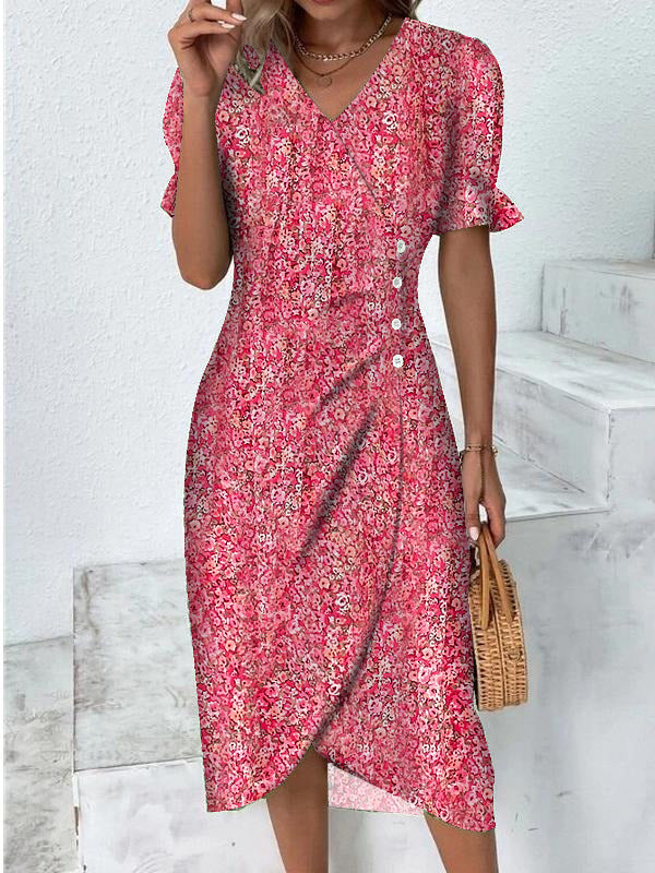 Kleines rosa rotes Rosendruck Wickelkleid mit V-Ausschnitt Mini Dres