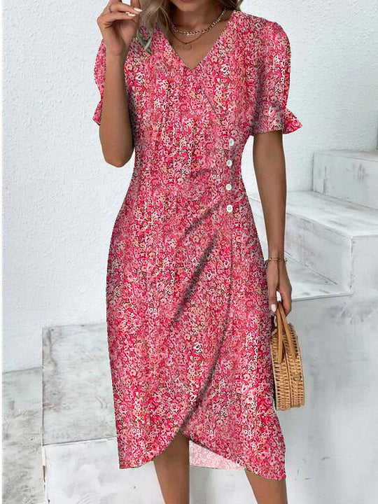 Kleines rosa rotes Rosendruck Wickelkleid mit V-Ausschnitt Mini Dres