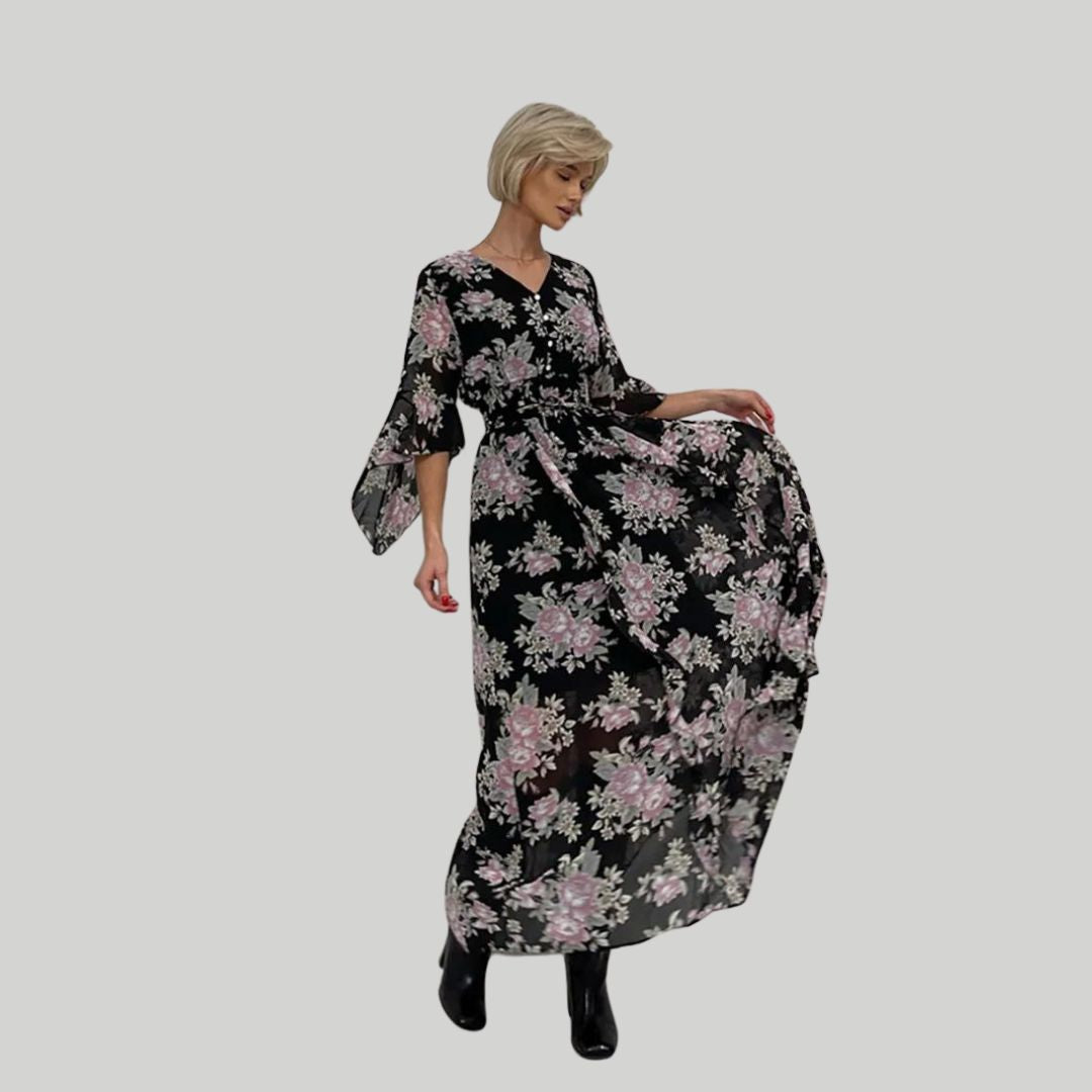 Heidi-Mode Florales Midi-Kleid mit V-Ausschnitt