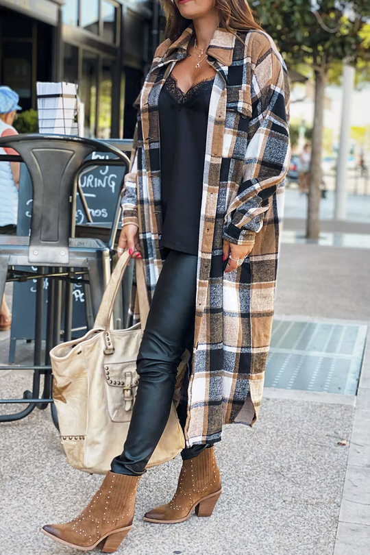 Heidi-Mode | Klappkragen Karoprint Wolle Lange Jacke