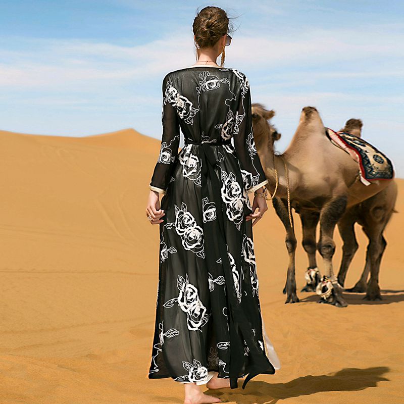 Heidi-Mode | 2 Teile Set Stickerei Strickpullover Offene Abaya Kleid für Frauen Abendveranstaltung