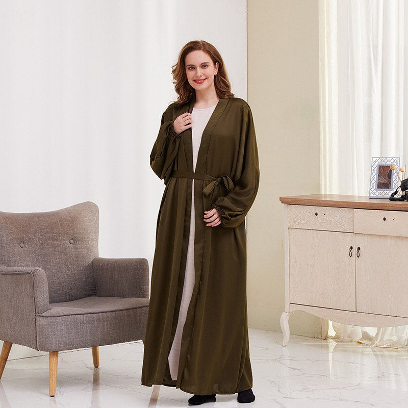 Heidi-Mode | 8 Farboptionen Satin Laternenärmel Offene Abaya Kleid Muslimische Dubai Frauen