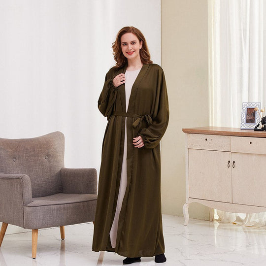 Heidi-Mode | 8 Farboptionen Satin Laternenärmel Offene Abaya Kleid Muslimische Dubai Frauen
