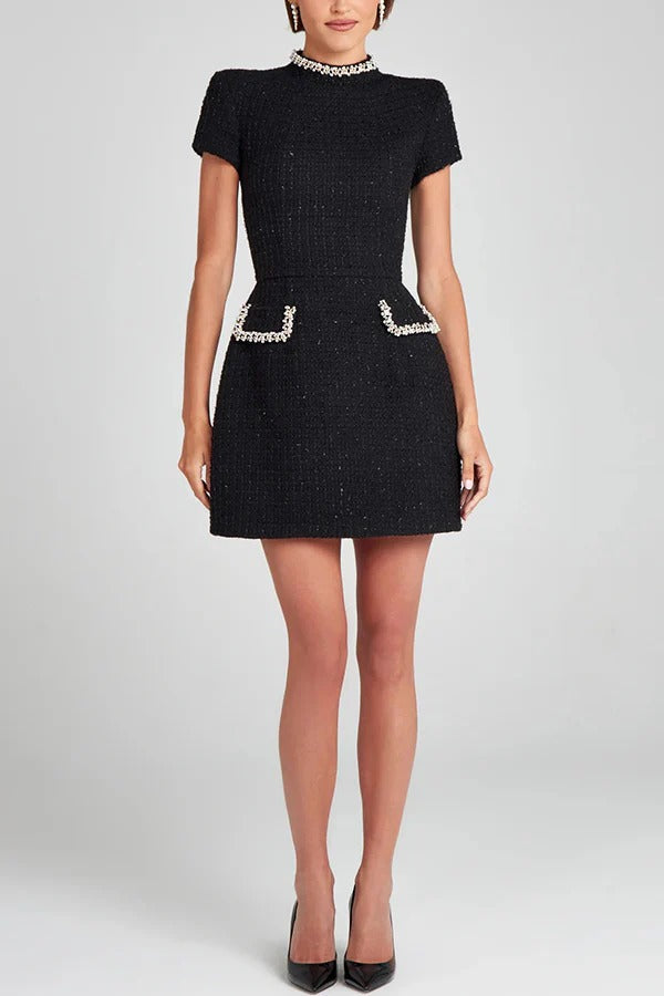 Heidi-Mode | Exquisite und Verspielt Tweed Stoff Perlenbesatz Kurzarm Eingrifftaschen Mini Kleid
