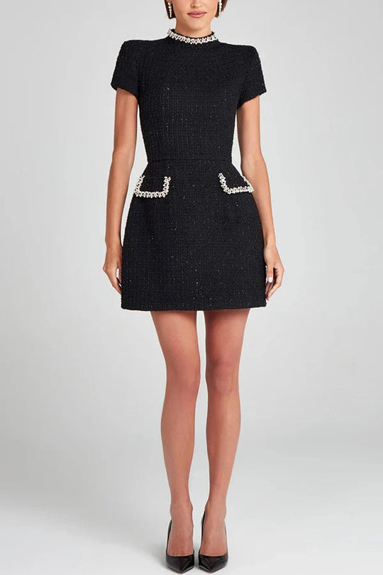 Heidi-Mode | Exquisite und Verspielt Tweed Stoff Perlenbesatz Kurzarm Eingrifftaschen Mini Kleid