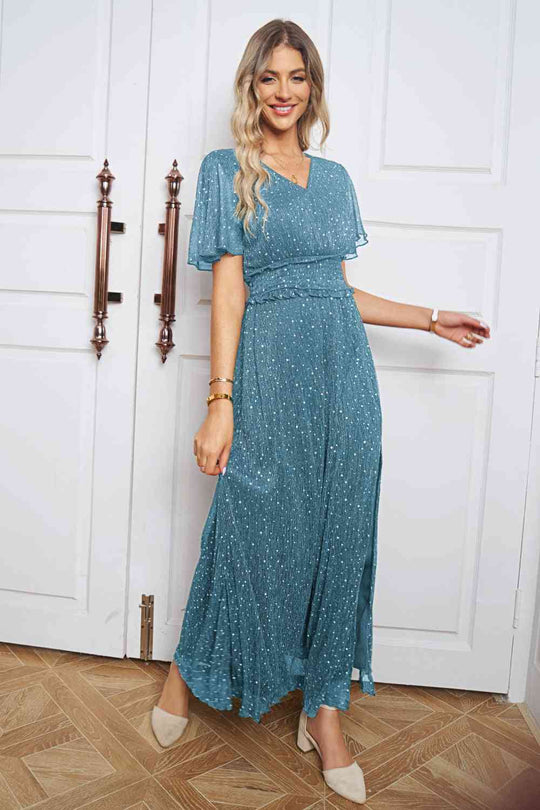 Heidi-Mode | V-Ausschnitt Hohe Spalte Glitzer Maxi Kleid