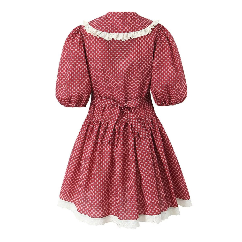 Heidi-Mode | Frauen Kleidung Frühling Retro Rot Französische Puppe Kragen Tailliert Schnürung Kleid