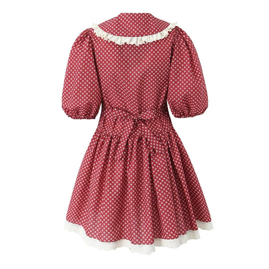 Heidi-Mode | Frauen Kleidung Frühling Retro Rot Französische Puppe Kragen Tailliert Schnürung Kleid