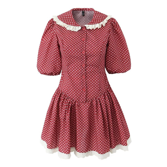 Heidi-Mode | Frauen Kleidung Frühling Retro Rot Französische Puppe Kragen Tailliert Schnürung Kleid