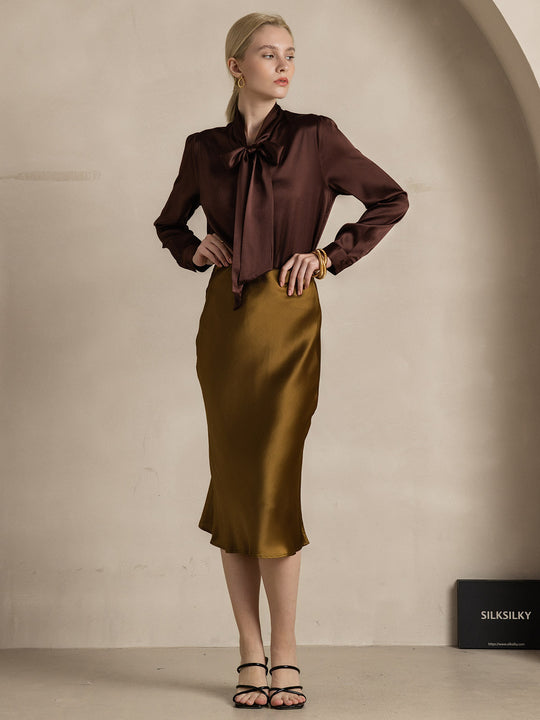Heidi-Mode | Damen Elegante Seidenbluse mit Schlipskragen und Langen Ärmeln