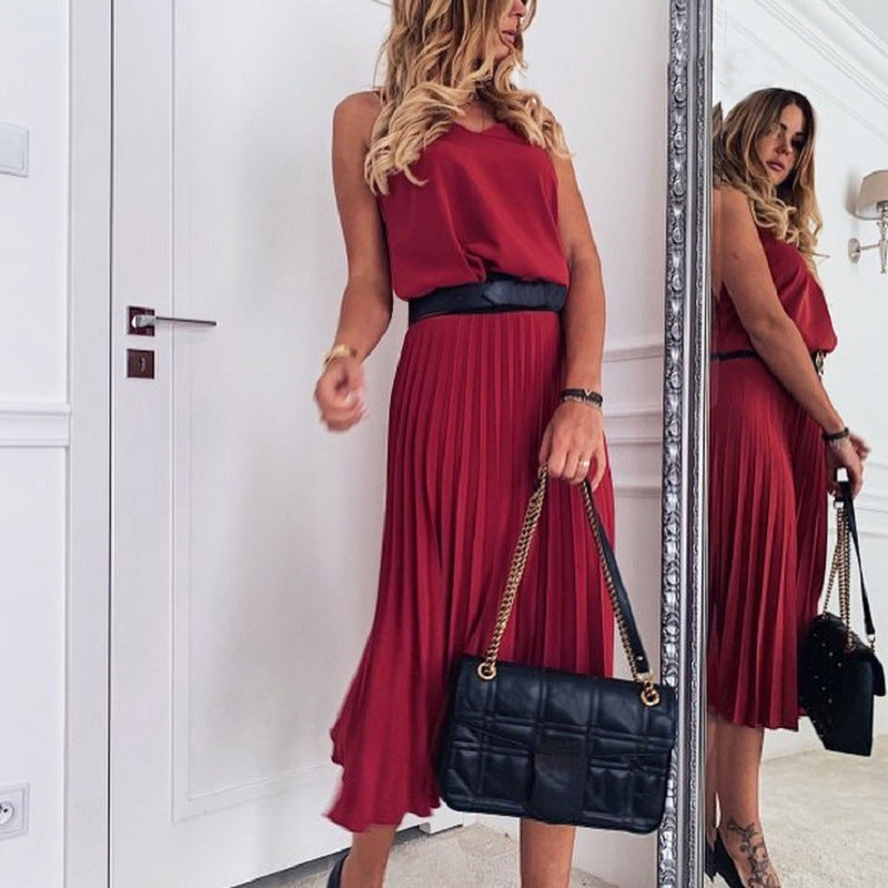 Damen Plissee Midi-Kleid mit Spaghettiträgern und schmeichelnder Silhouette Heidi-Mode