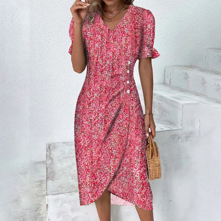 Kleines rosa rotes Rosendruck Wickelkleid mit V-Ausschnitt Mini Dres