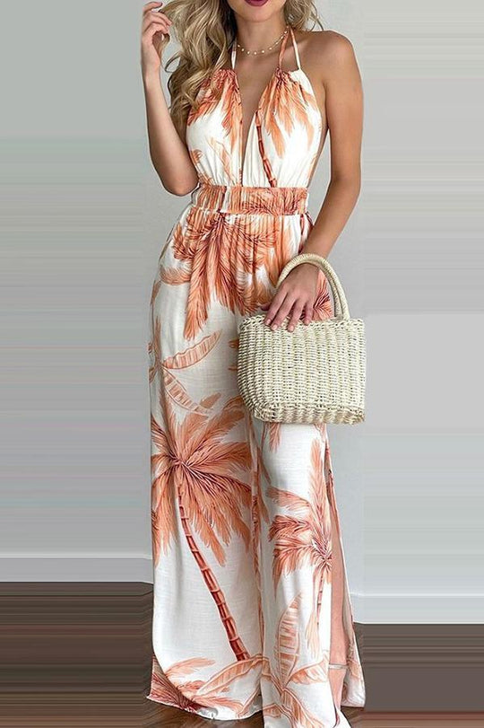 Heidi-Mode | Carneros Floral Print Halter Breite Beine Jumpsuit