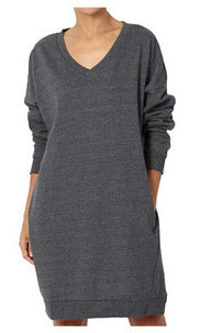 Damen Sweatshirt-Kleid mit V-Ausschnitt und praktischem Taschen-Design Heidi-Mode