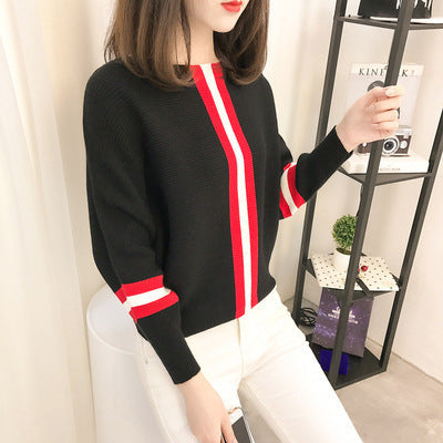 Damen sportlicher Strickpullover mit breiten Ärmeln und kreativen Streifen Heidi-Mode