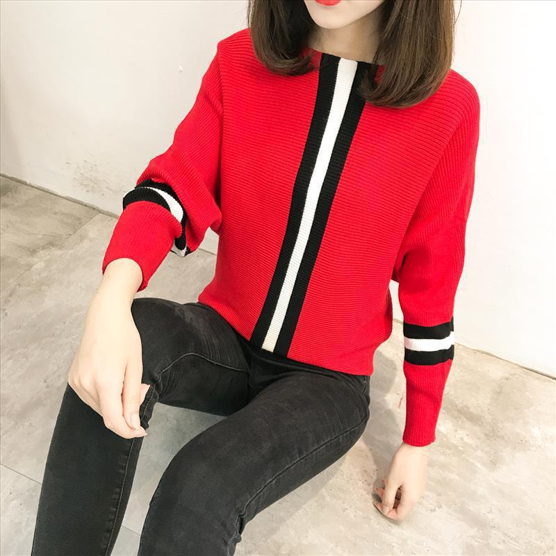 Damen sportlicher Strickpullover mit breiten Ärmeln und kreativen Streifen Heidi-Mode