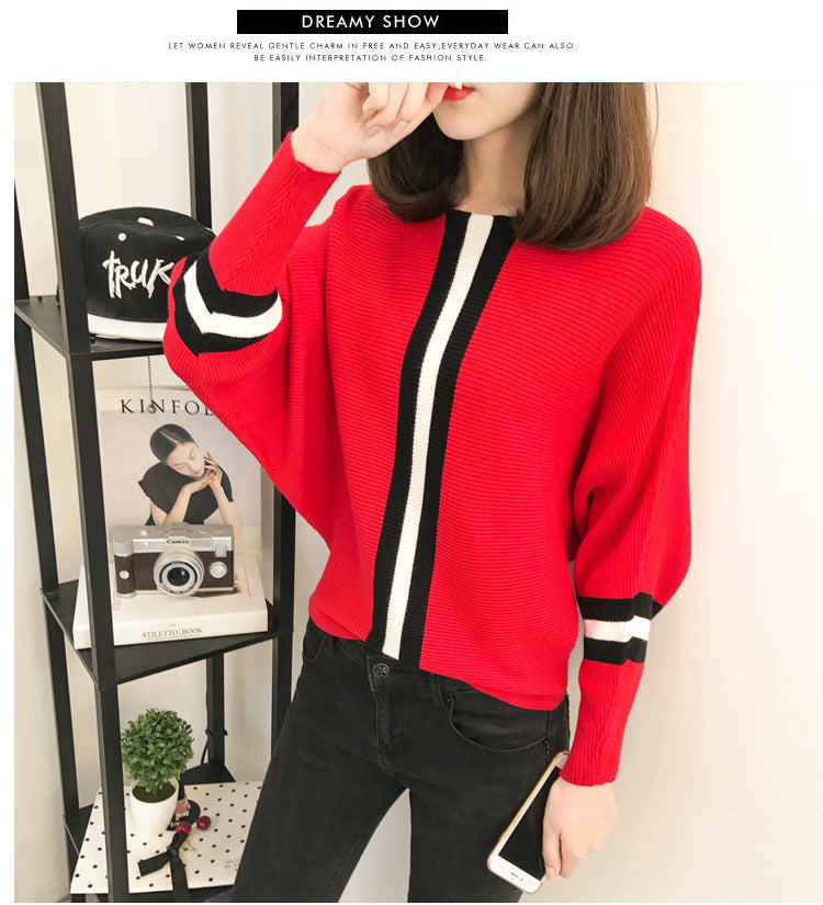 Damen sportlicher Strickpullover mit breiten Ärmeln und kreativen Streifen Heidi-Mode