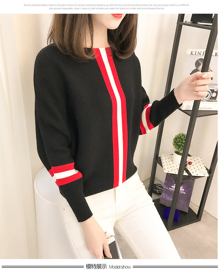 Damen sportlicher Strickpullover mit breiten Ärmeln und kreativen Streifen Heidi-Mode