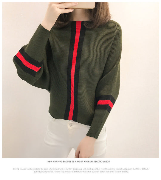 Damen sportlicher Strickpullover mit breiten Ärmeln und kreativen Streifen Heidi-Mode