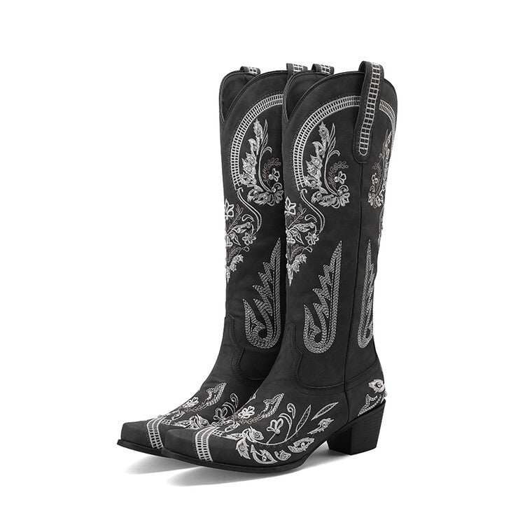 Heidi-Mode | Bestickte Western Denim Retro Damen Knielange Stiefel