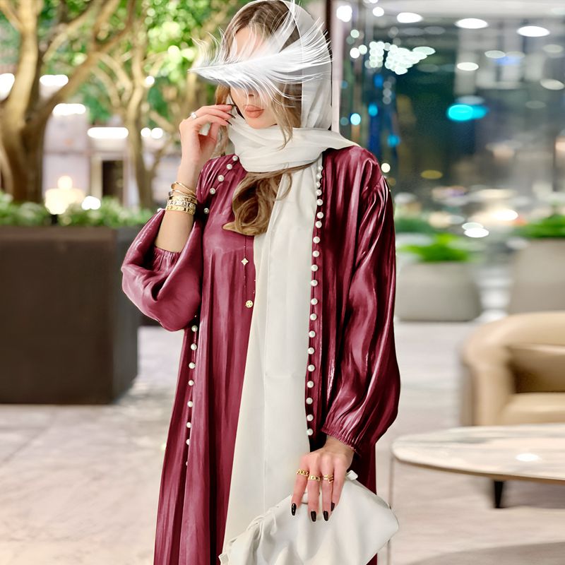 Heidi-Mode | 2 Teile Set Satin Perlen Muslimische Frauen Offene Abaya Kleid mit Innentop Ärmeloses Kleid