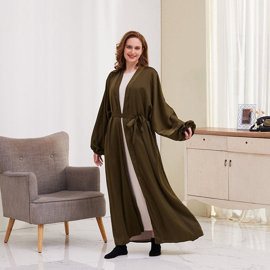 Heidi-Mode | 8 Farboptionen Satin Laternenärmel Offene Abaya Kleid Muslimische Dubai Frauen
