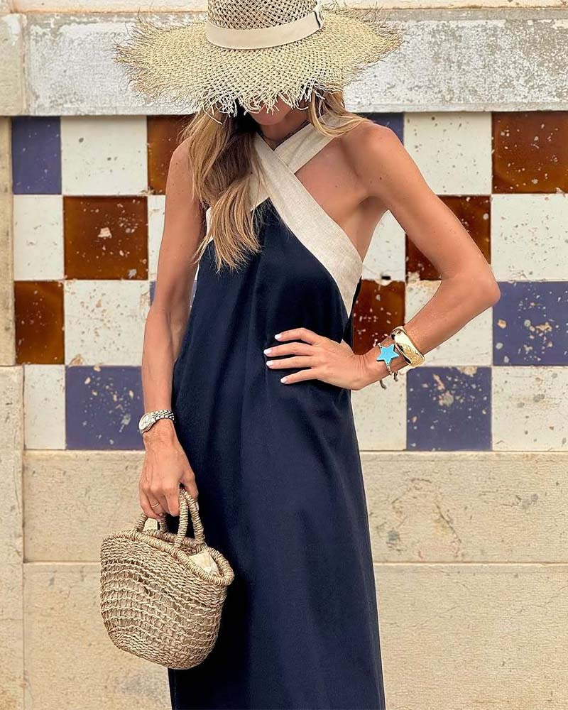 Heidi-Mode | Kreuzförmig Rückenfreies Elegantes Kleid mit Kontrastfarbe