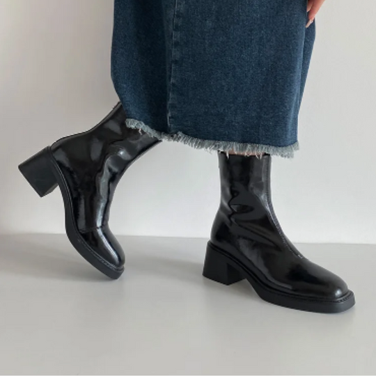Heidi-Mode | Stilvolle Leder Ankle Boots mit Blockabsatz für Damen Damen Ankle Boots