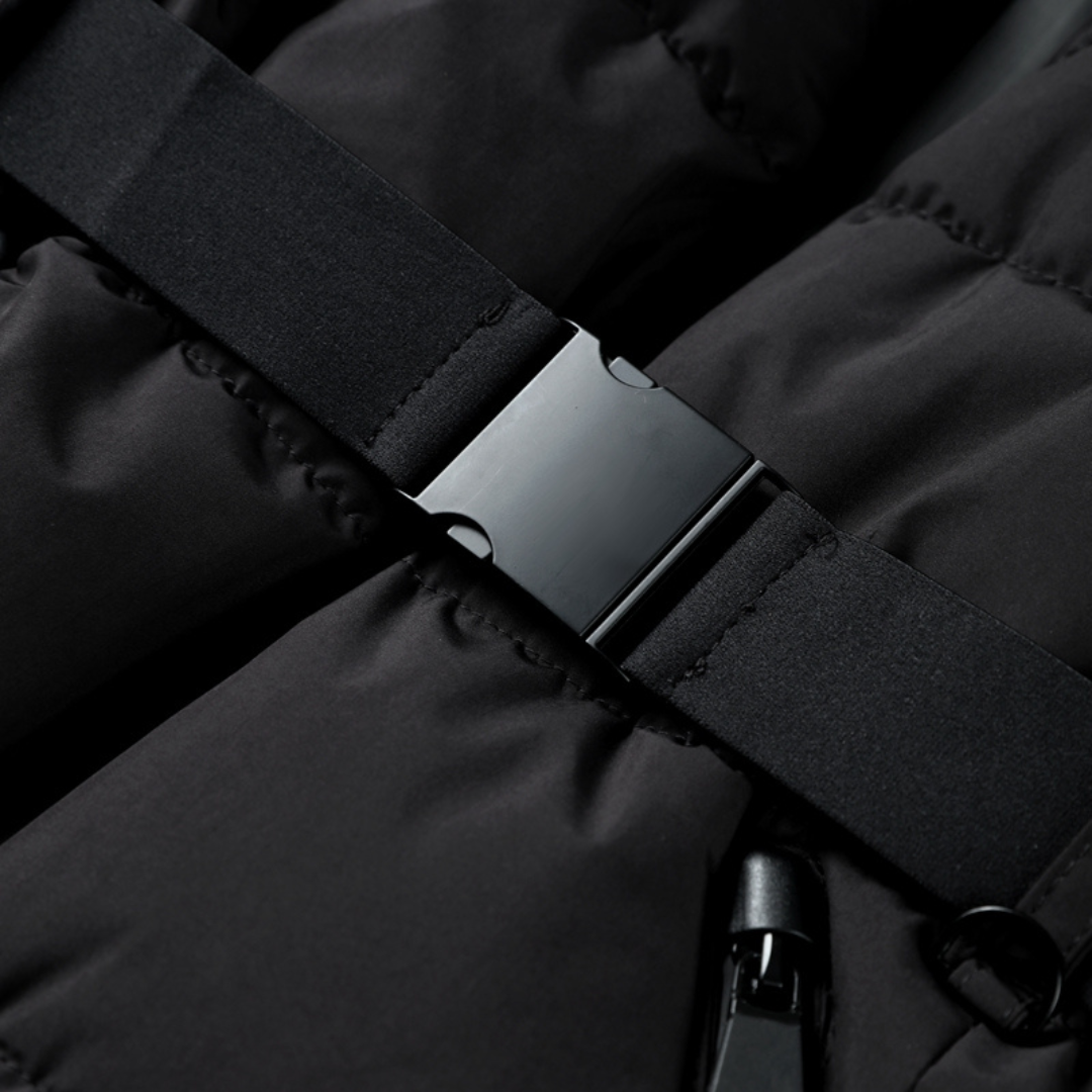 Heidi-Mode | Damen Schwarze Pufferjacke mit Gürteltaille und Hohem Kragen