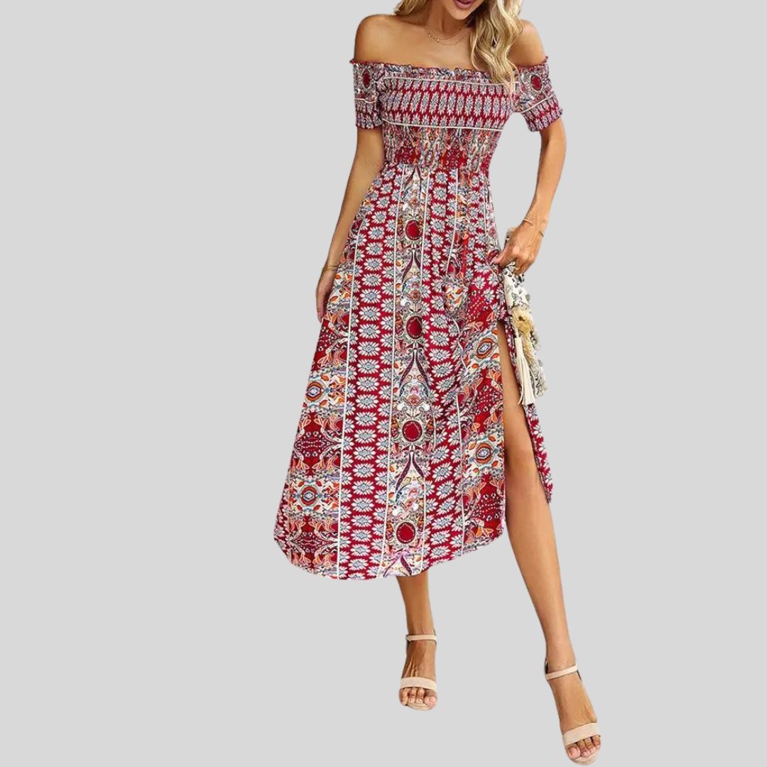 Langes Boho-Kleid mit freien Schultern und Rüschen