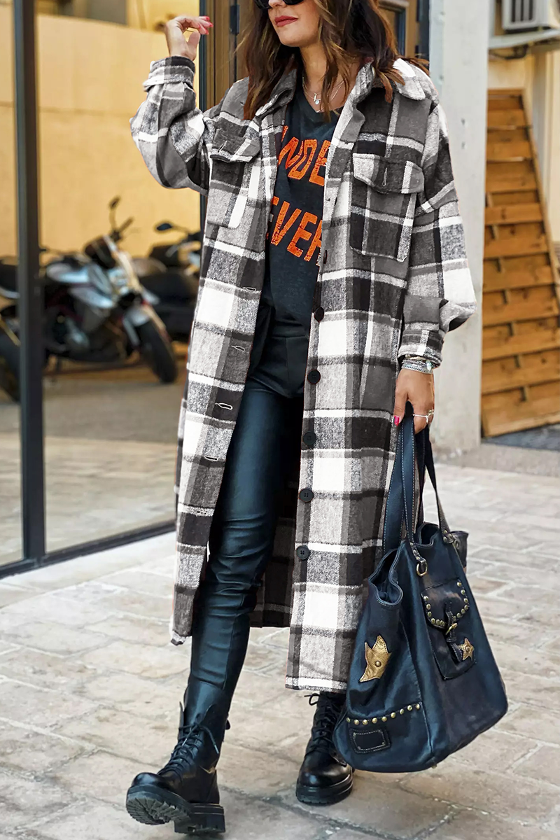 Heidi-Mode | Klappkragen Karoprint Wolle Lange Jacke