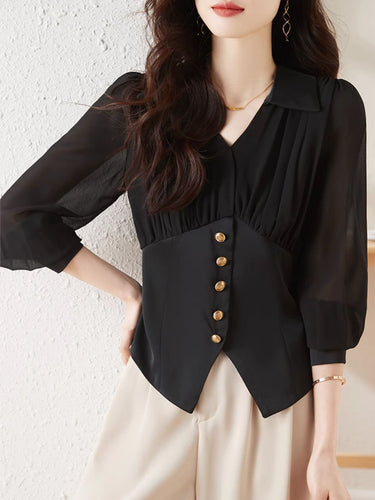 Heidi-Mode | Chiffon Falten Taille Shirt Schwarz