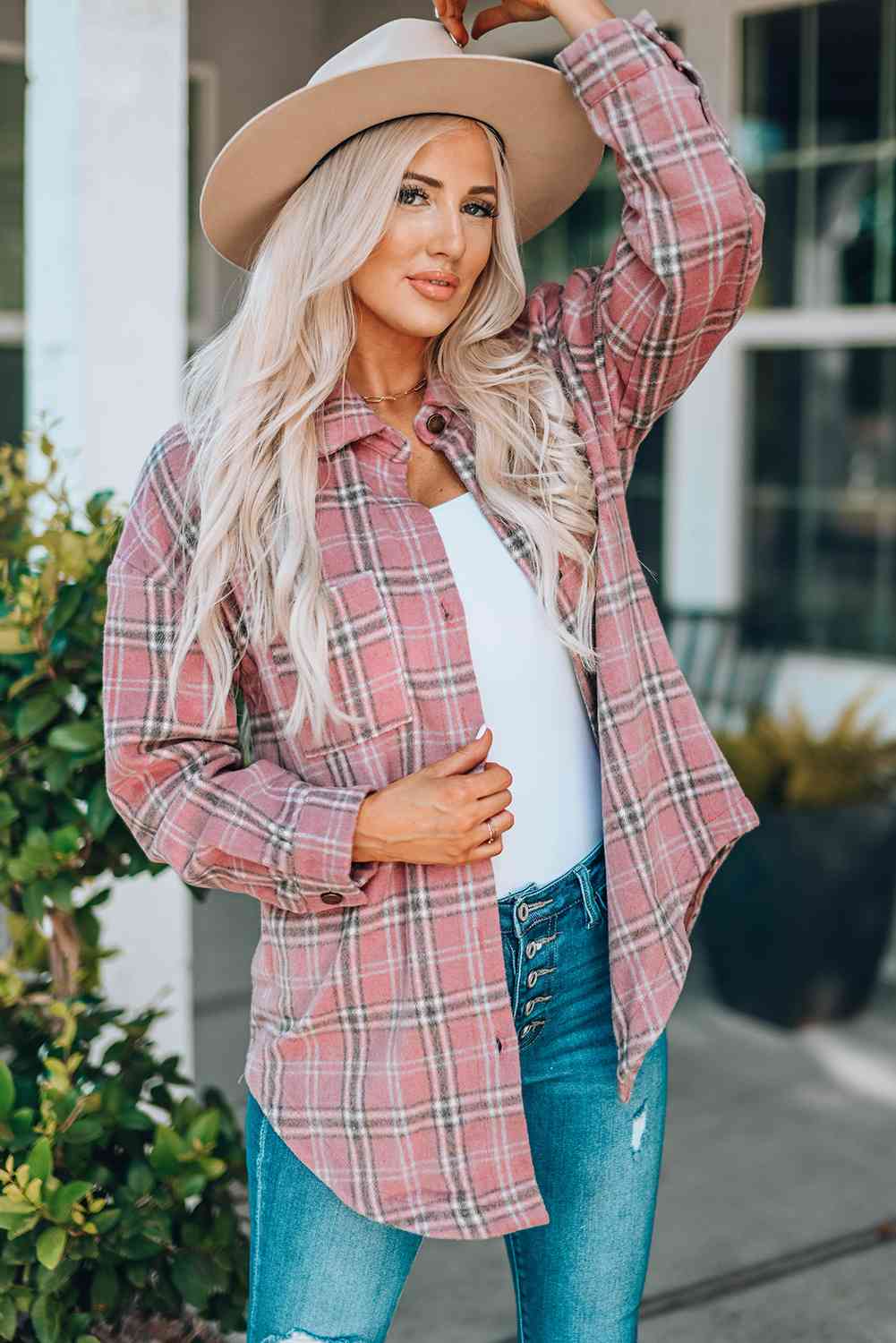 Heidi-Mode | Karo Kurviger Saum Fallende Schulter Langarmhemd Jacke