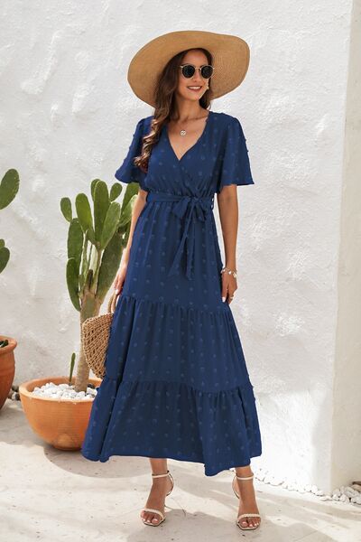 Heidi-Mode | Swiss Dot Gebunden Surplice Kurzarmkleid
