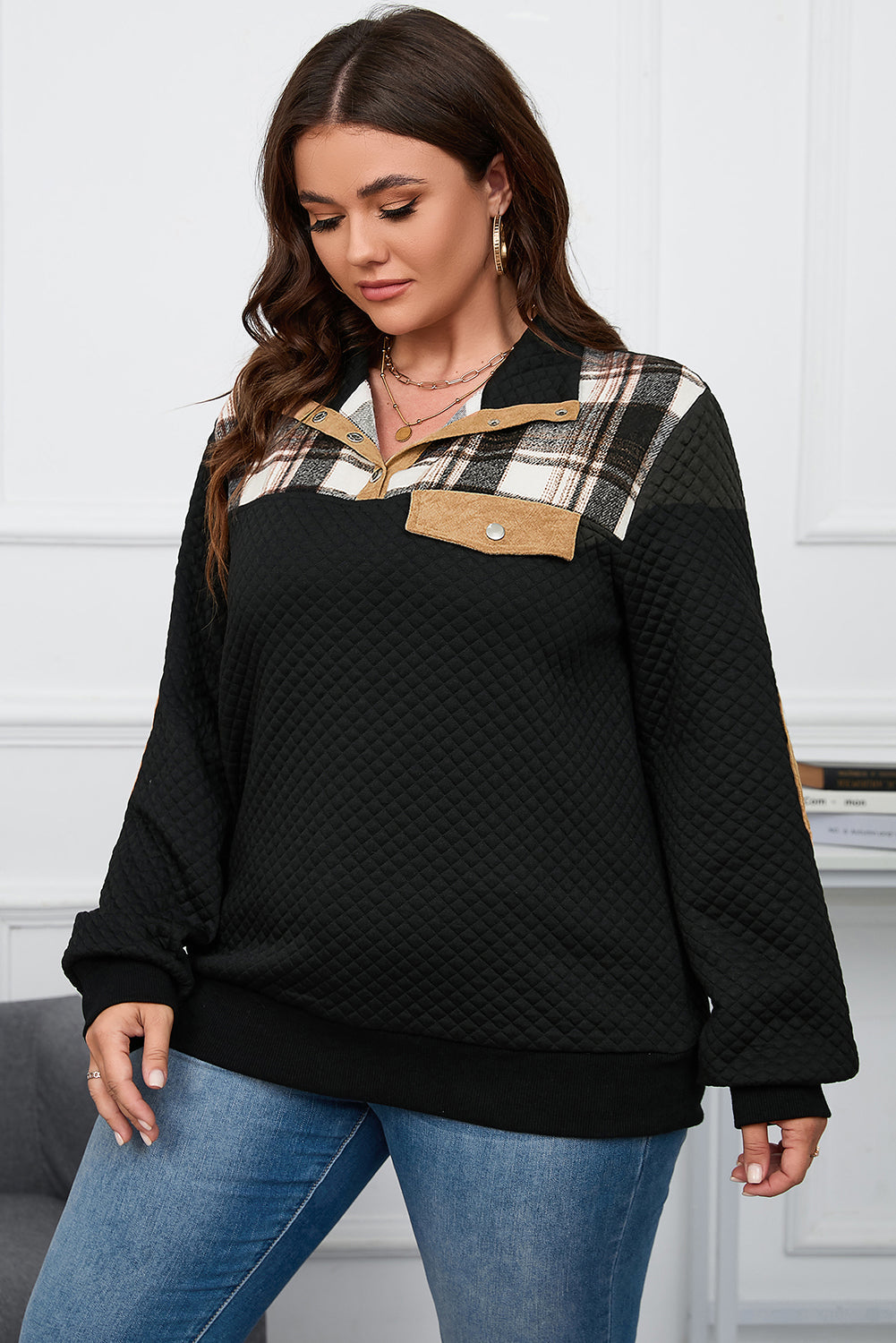 Plus Größe Gesteppt Plaid Patch Henley Pullover