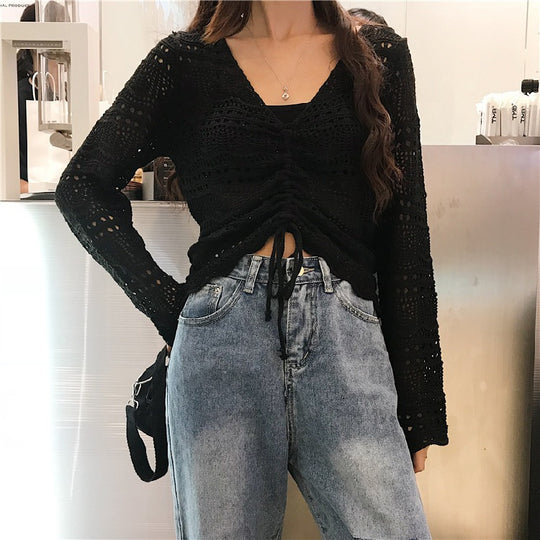 Damen luftige Strickjacke mit raffiniertem Lochmuster und Kordelzug Heidi-Mode