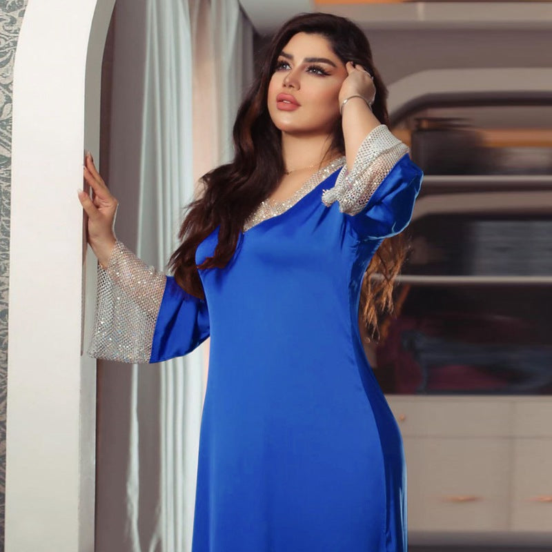 Heidi-Mode | Satin Mesh Pailletten Abaya Kleid Naher Osten Türkische Frauen Kaftan