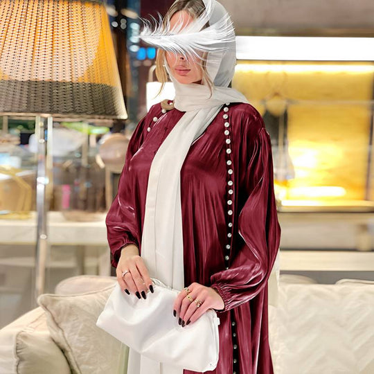 Heidi-Mode | 2 Teile Set Satin Perlen Muslimische Frauen Offene Abaya Kleid mit Innentop Ärmeloses Kleid