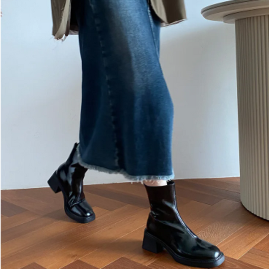 Heidi-Mode | Stilvolle Leder Ankle Boots mit Blockabsatz für Damen Damen Ankle Boots