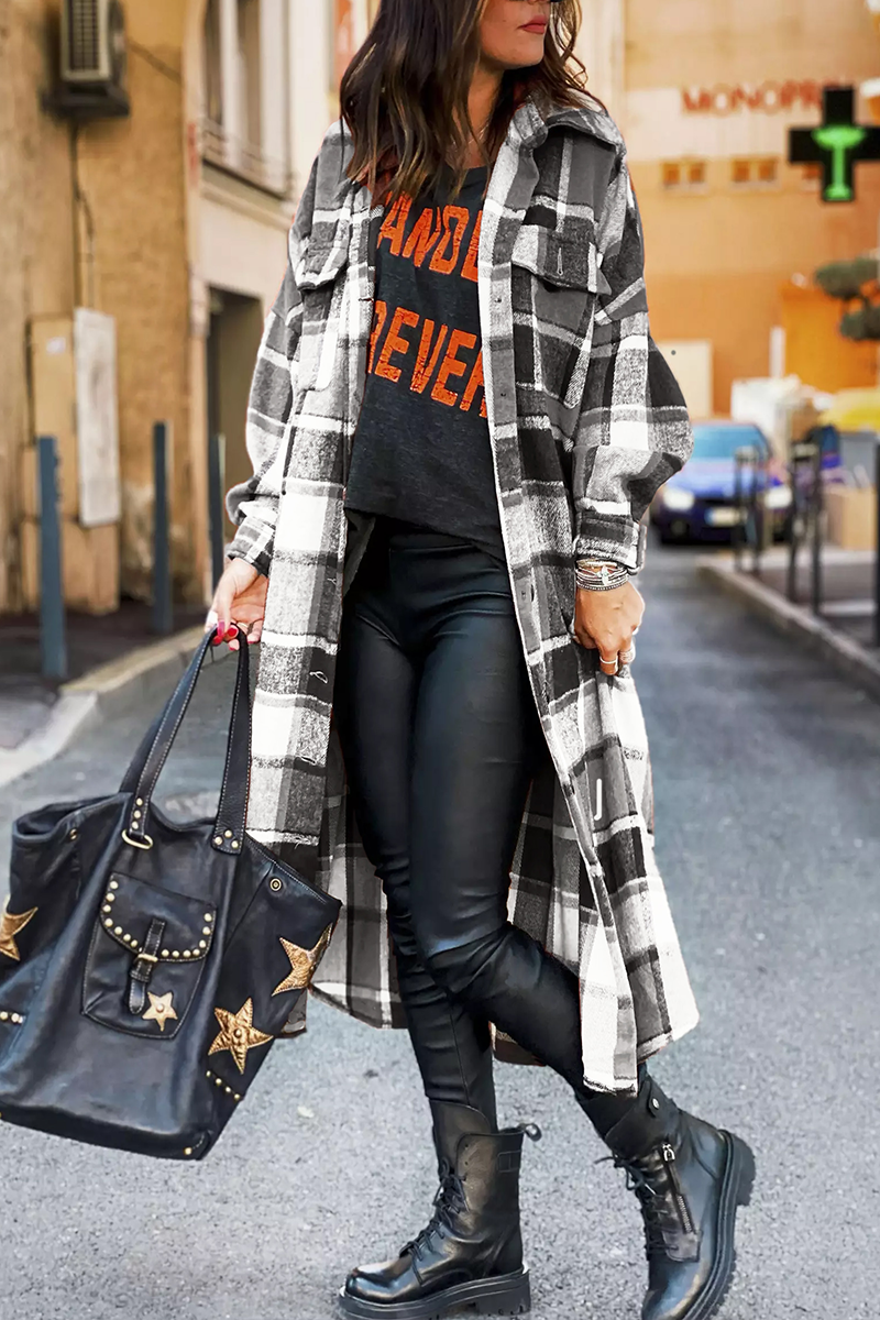 Heidi-Mode | Klappkragen Karoprint Wolle Lange Jacke