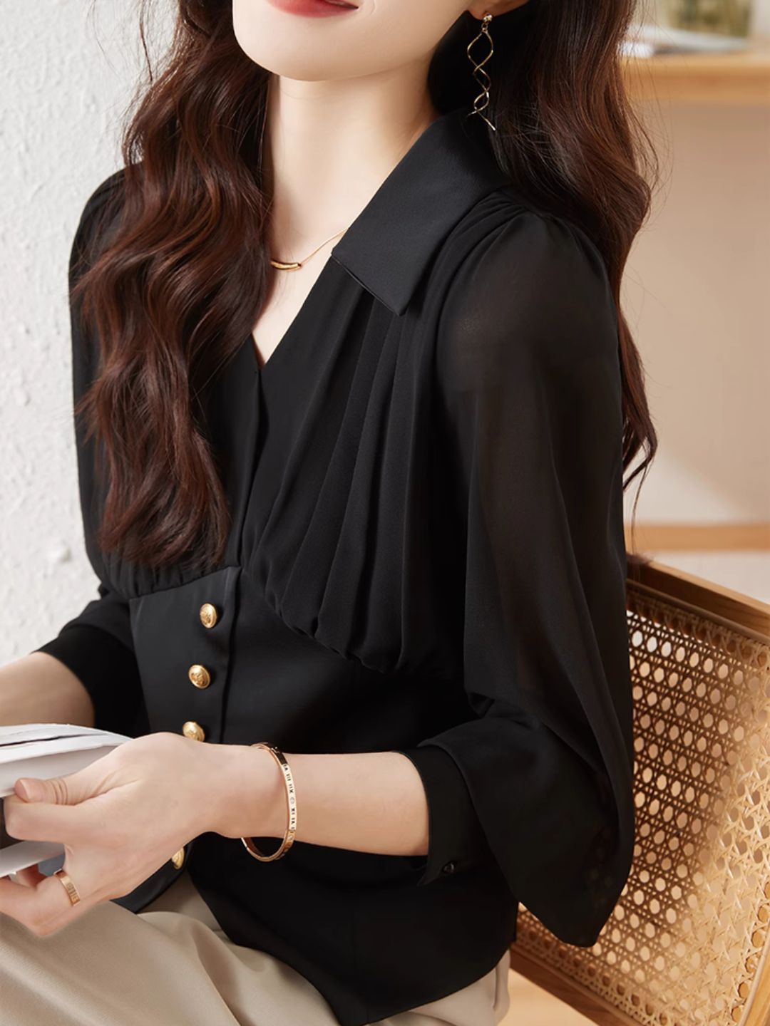 Heidi-Mode | Chiffon Falten Taille Shirt Schwarz